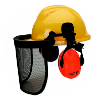 Construction helmet with face and hearing protection net...