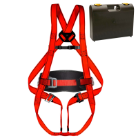 Fall arrest harness with back support and plastic case