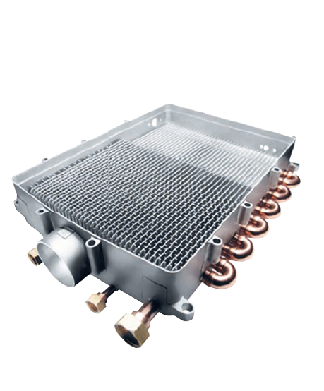Wärmetauscher der MHG ecoGAS Gas-Brennwertgeräte mit integrierten Kupferrohrleitungen für effiziente Heizungs- und Warmwasserbereitung, optimiert für Energieeffizienz und lange Lebensdauer.